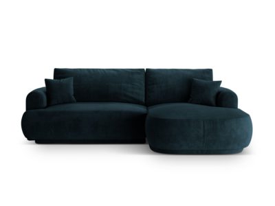 Rohová rozkladacia pohovka s úložným priestorom Ellio 271 cm pravá zamat tmavo modrá